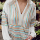 Striped Patchwork V Neck Drop Shoulder Knit Hoodie