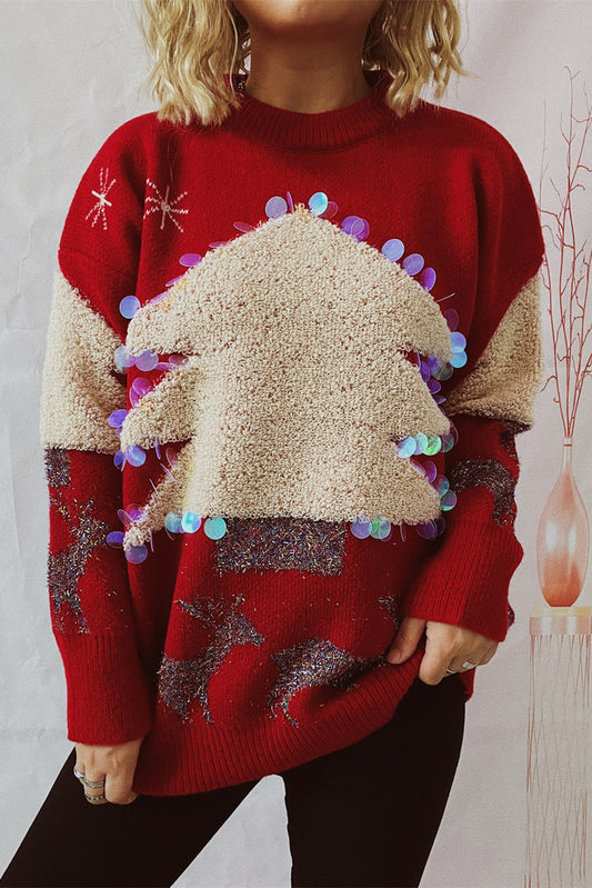 Sequin Fuzzy Christmas Tree Tinsel Elk Drop Shoulder Sweater