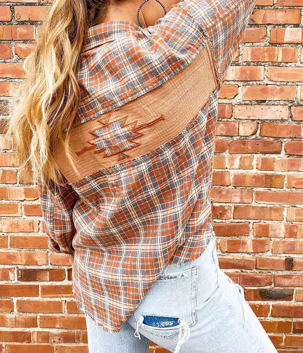 Plaid Embroidery Patch Button-Down Shacket