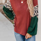 Leopard Splicing Waffle Color Block Puff Sleeve Top