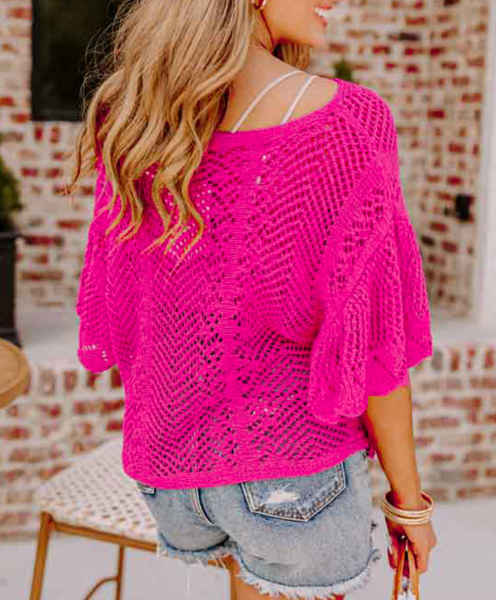 Pointelle Knit Scallop Edge Short Sleeve Top