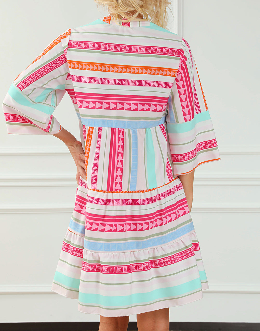 Boho Geometric Print Bracelet Sleeve Buttoned Mini Dress