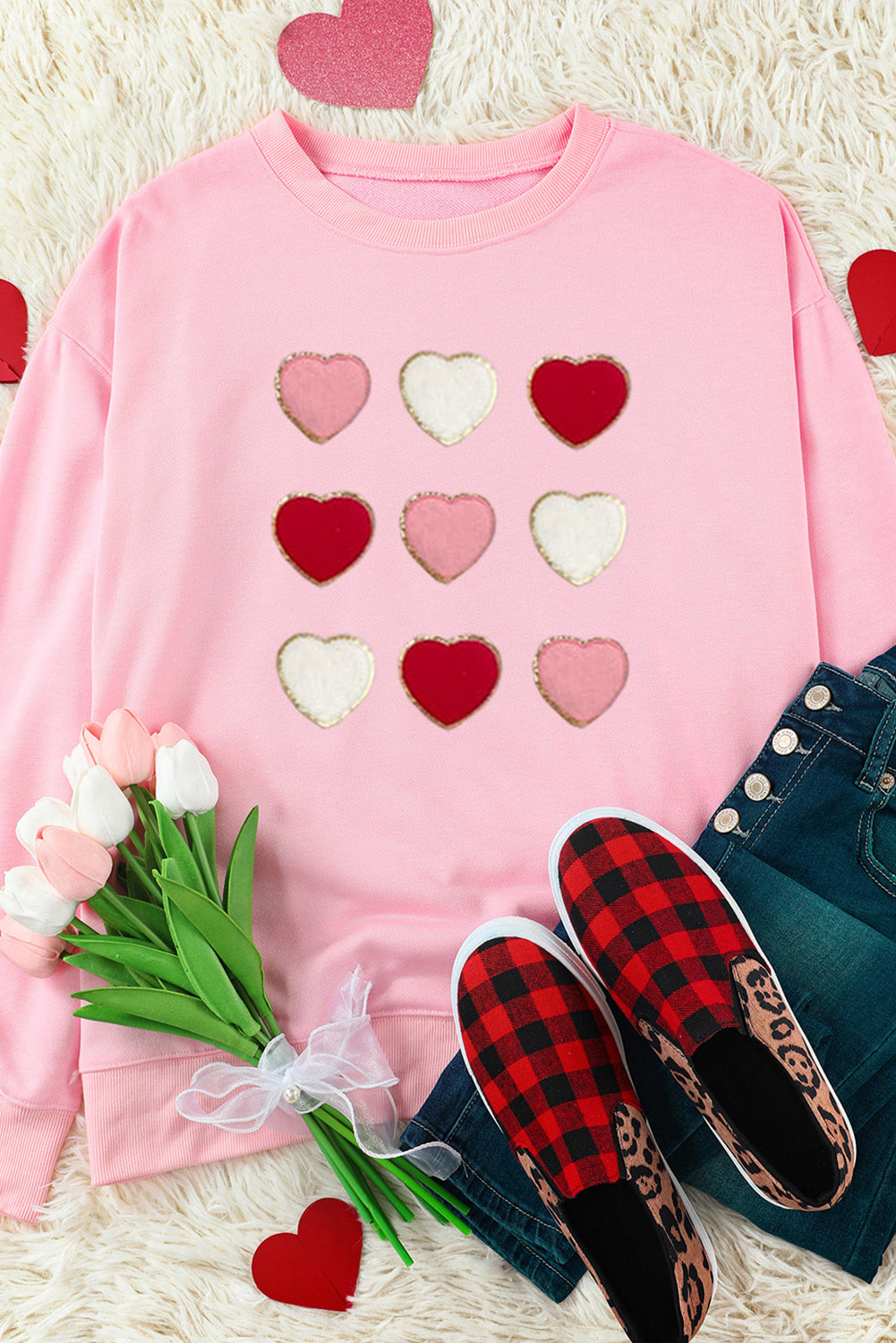 Glitter Chenille Heart Patch Valentines Sweatshirt