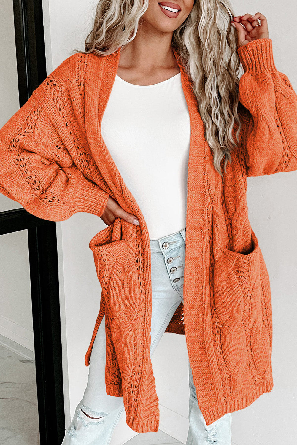 Ribbed Trim Eyelet Cable Knit Cardigan