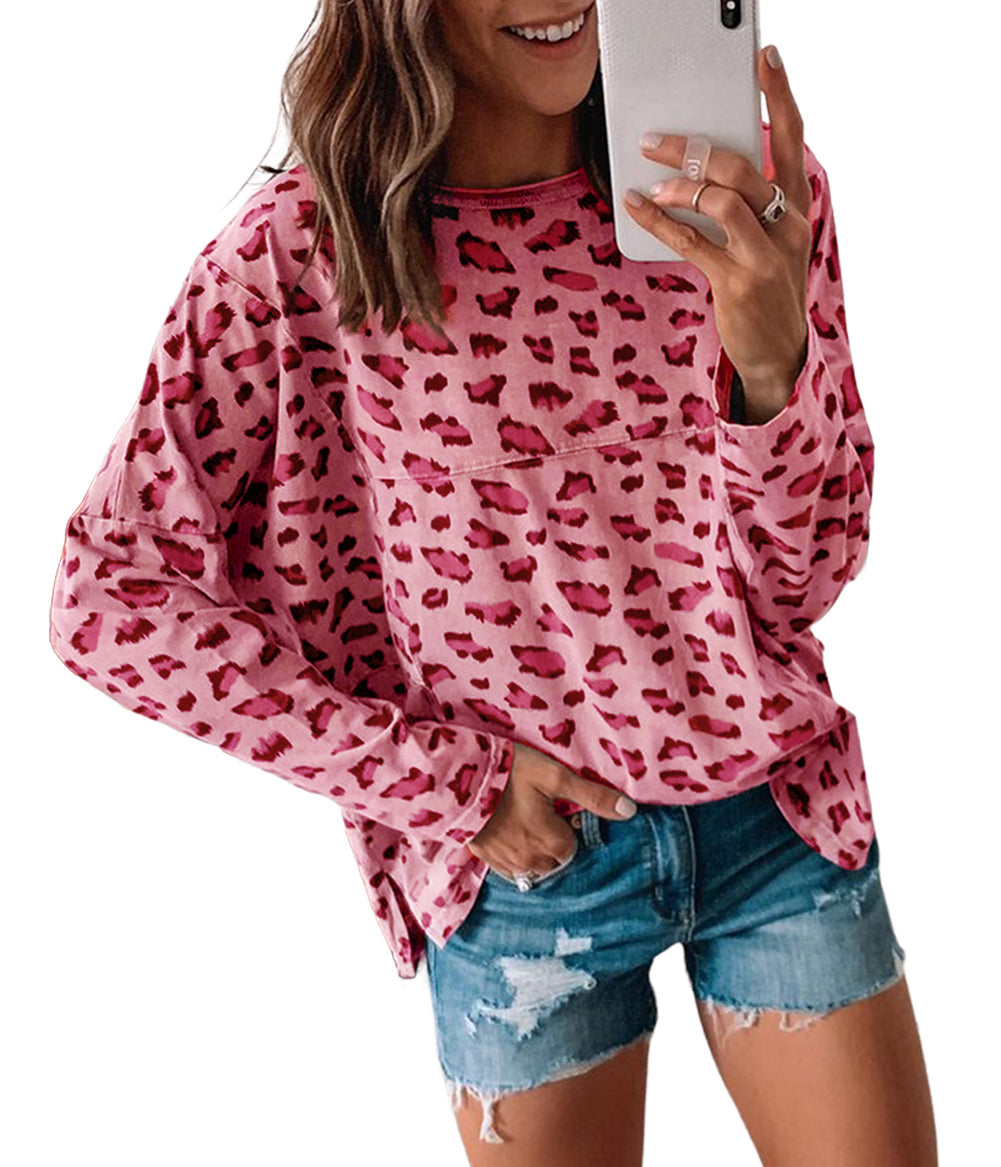 Animal Print Stitching Loose Long Sleeve Top