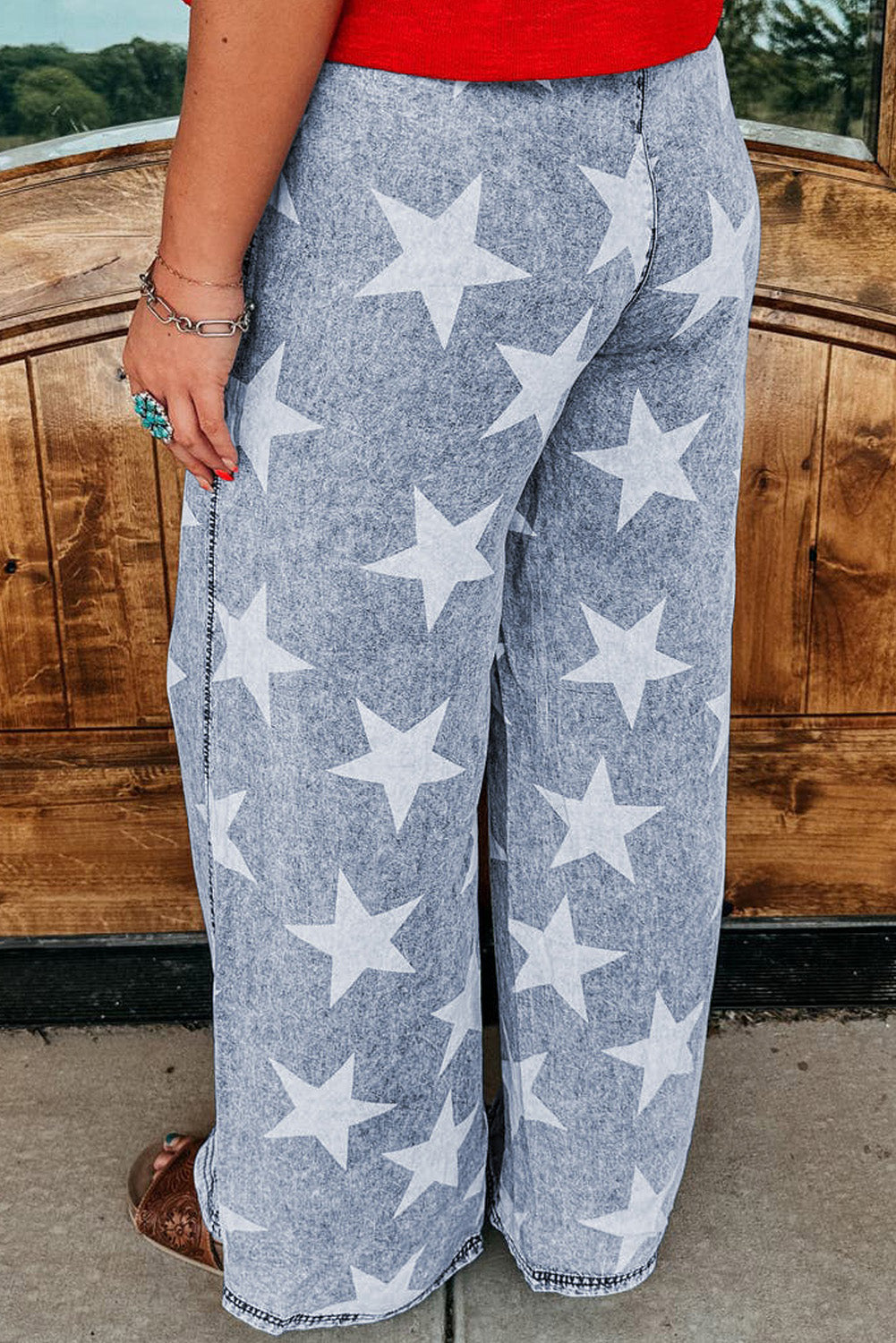 Star Print Light Wash Drawstring High Waist Wide Leg Jeans