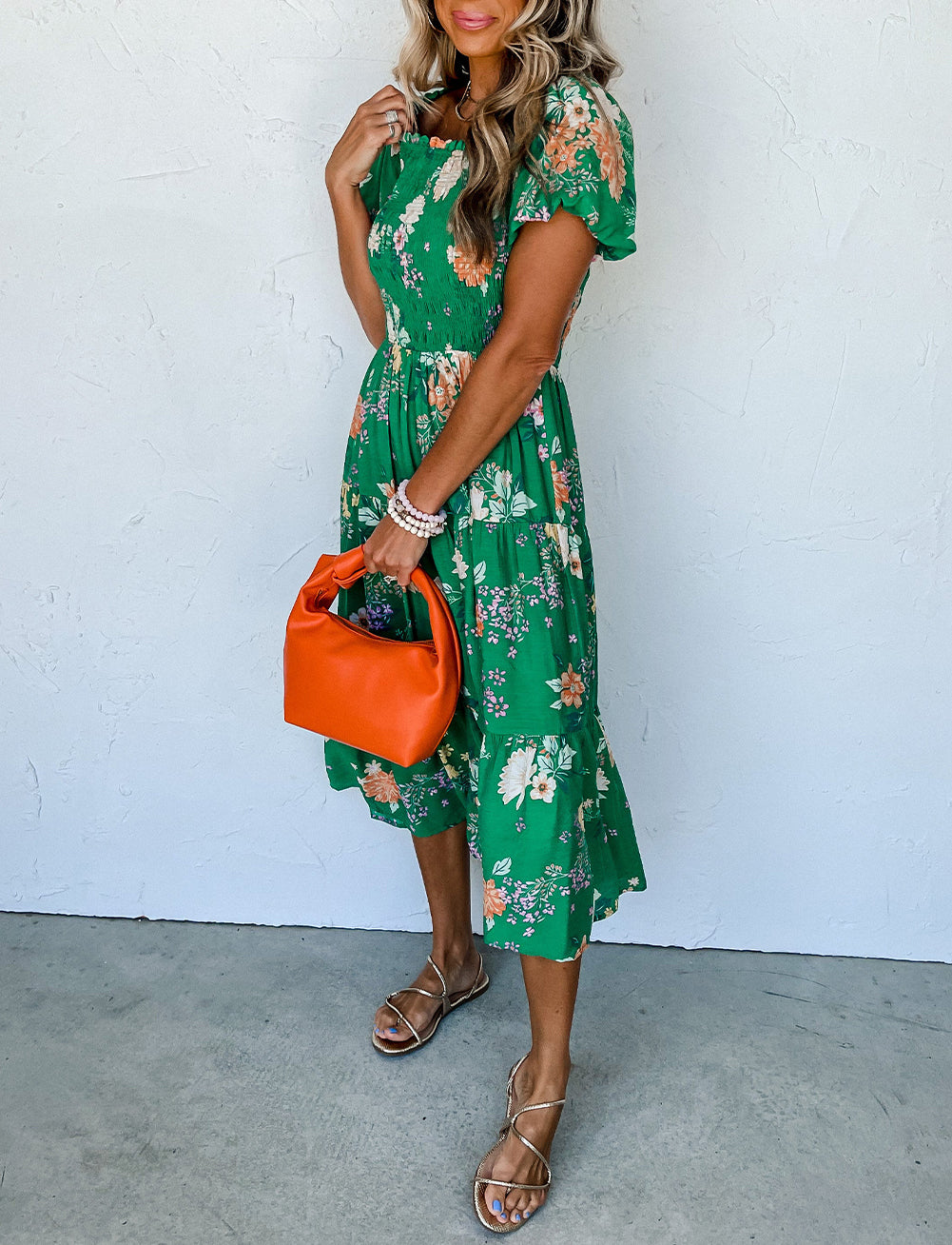 Floral Print Bubble Sleeve Smocked Tiered Midi Dress