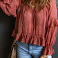 Swiss Dot Lace up V Neck Ruffled Blouse