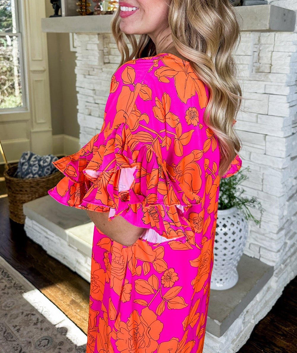 Voluminous Ruffled Sleeve Floral Dress
