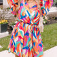 Plus Size Abstract Print Oversized Sleeve Belted Dress