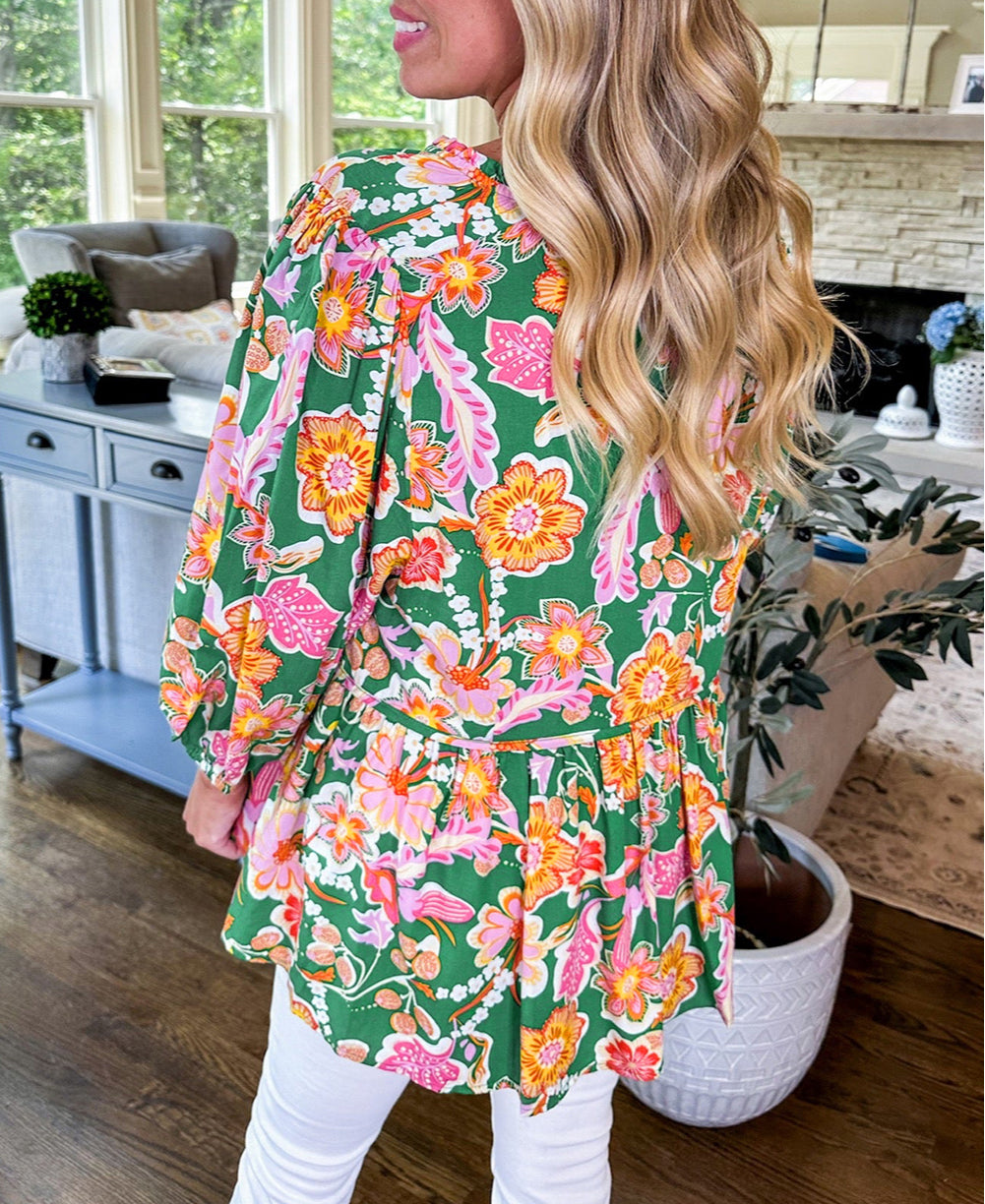 Floral Puff Sleeve V Neck Peplum Blouse