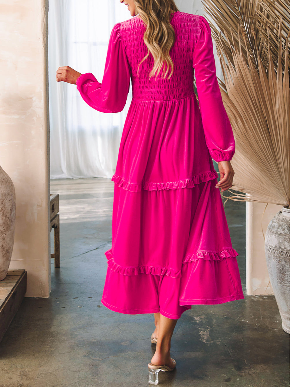 Shirred V Neck Long Sleeve Velvet Dress