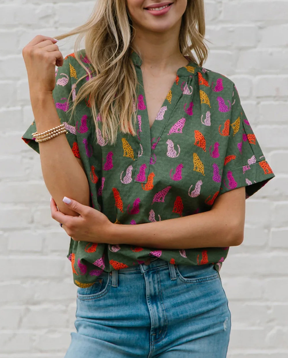 Cheetah Print Split V Neck Blouse