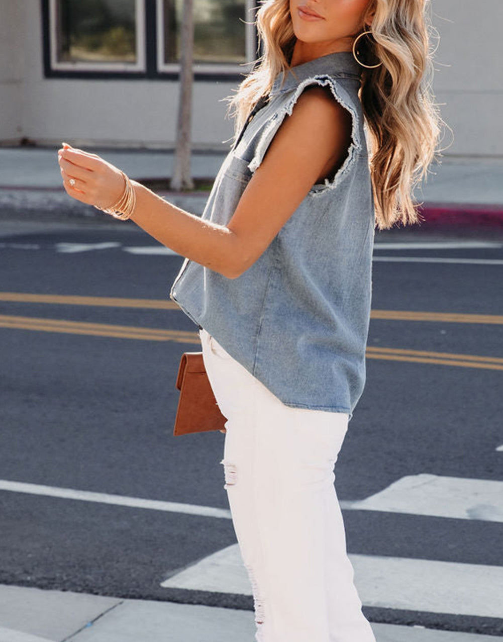 Frayed Ruffle Sleeve Denim Shirt