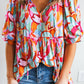 Abstract Print Drawstring V Neck Half Sleeve Blouse