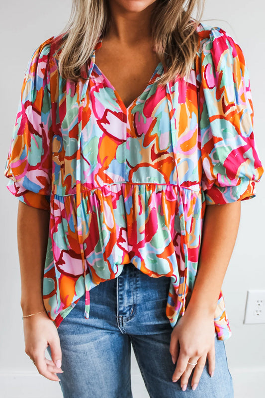 Abstract Print Drawstring V Neck Half Sleeve Blouse