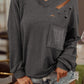 Distressed V Neck Patch Pocket Long Sleeve Top