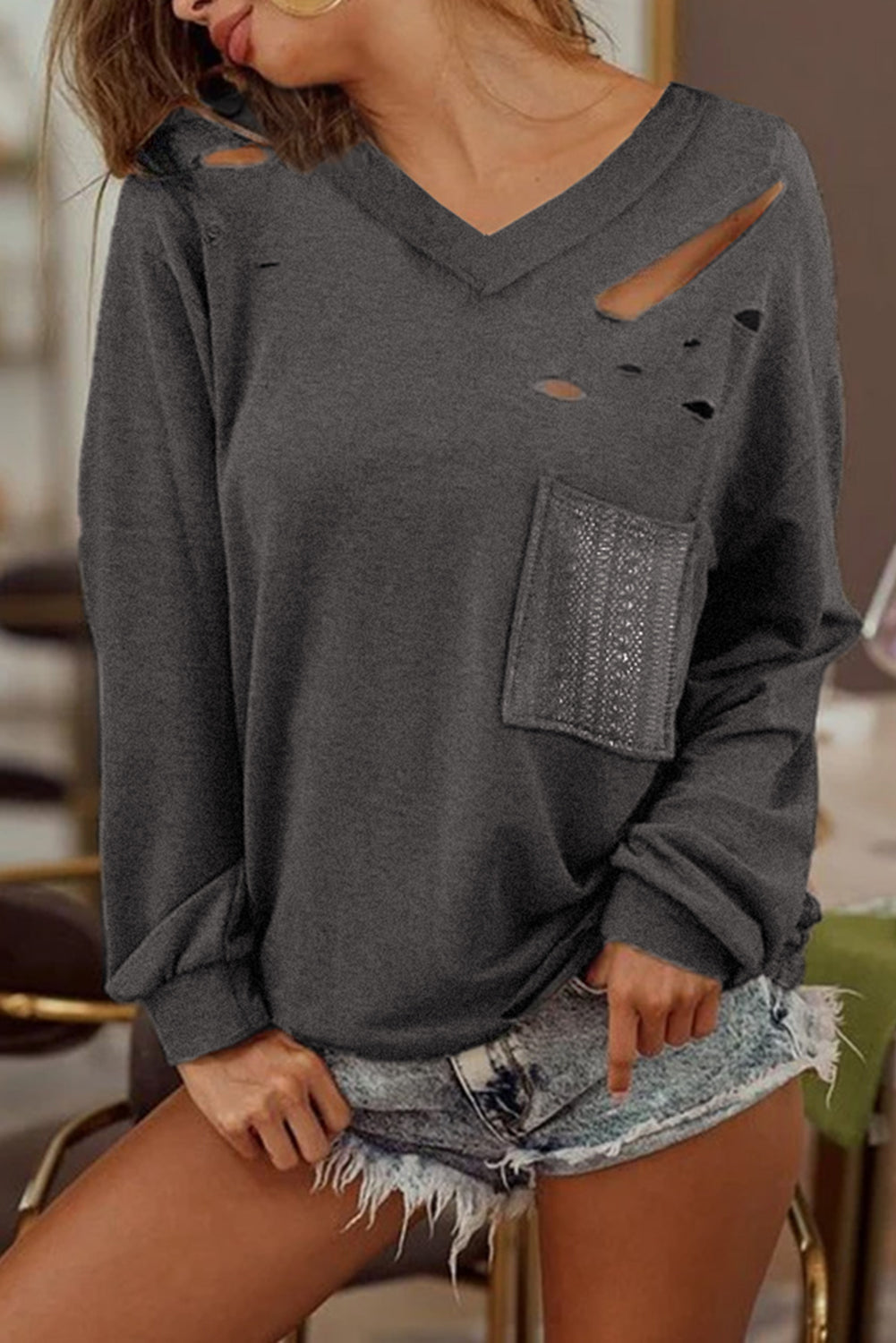 Distressed V Neck Patch Pocket Long Sleeve Top