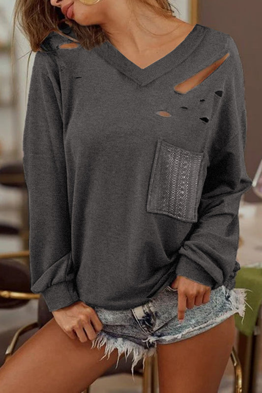 Distressed V Neck Patch Pocket Long Sleeve Top