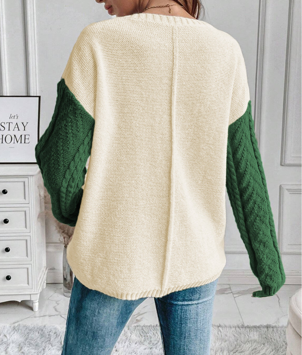 Plus Size Cable Knit Color Block Drop Shoulder Sweater