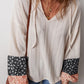 Floral Patchwork Textured Knit Drawstring V Neck Blouse