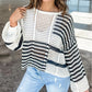 Stripe Hollow-out Openwork Knit Puff Sleeve Sweater