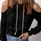 Exposed Seam Cold Shoulder Drawstring Hoodie