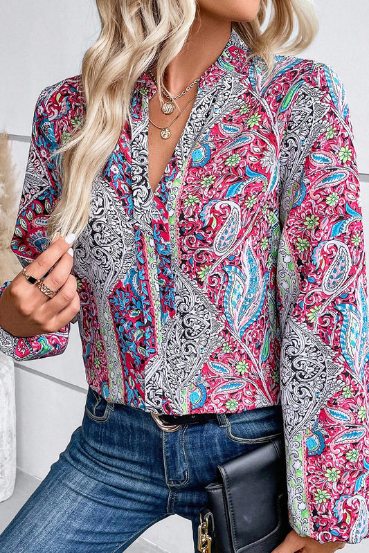 Vintage Boho Paisley Print Notched Neck Blouse
