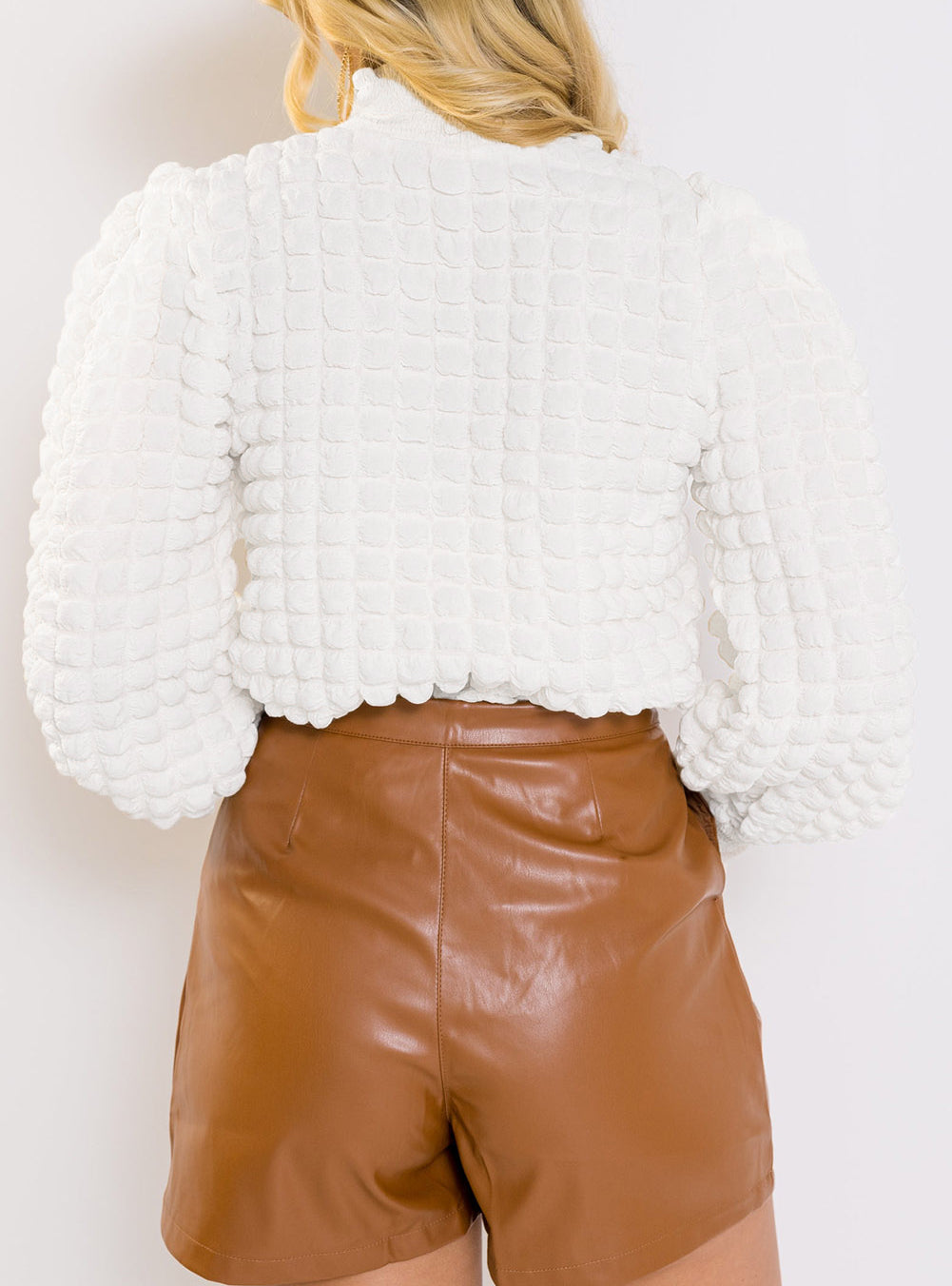 Textured Smocked Mock Neck Puff Sleeve Blouse