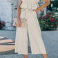 Beige Ruffled Strapless Wide Leg Jumpsuit