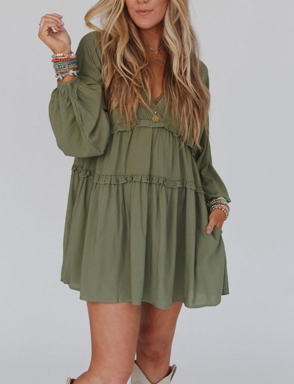 V Neck Puff Sleeve Frill Tiered Mini Dress