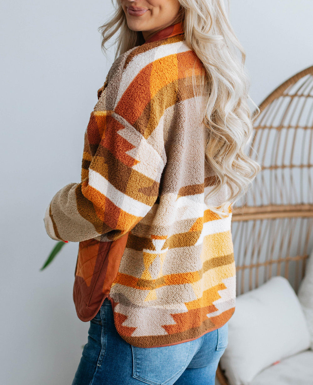 Plus Size Quilted Patch Pockets Aztec Furry Jacket