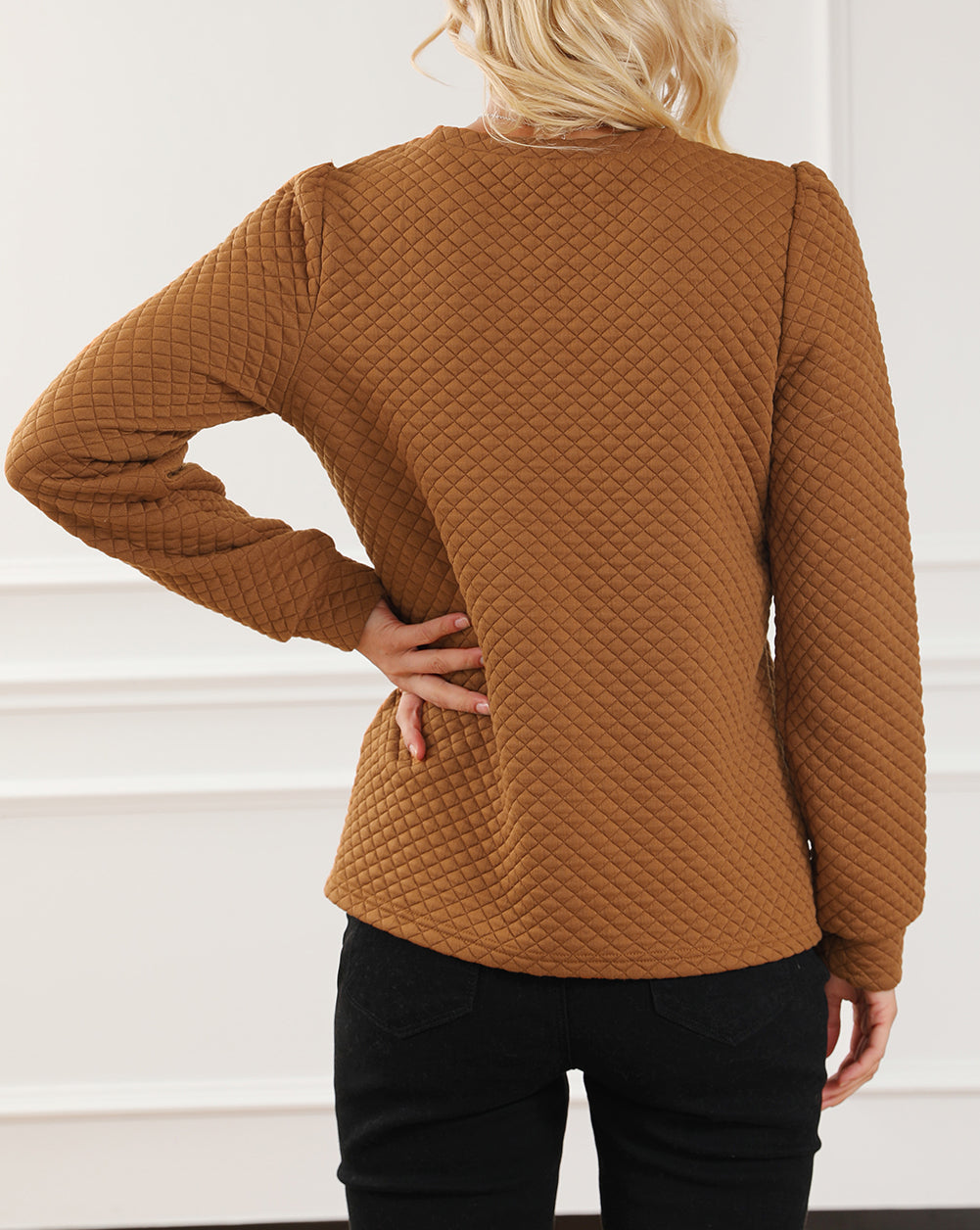 Solid Color Quilted Puff Sleeve Pullover Sweatshirt
