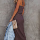 Brown Buttoned Ribbed Knit Sleeveless Midi Dress with Slit
