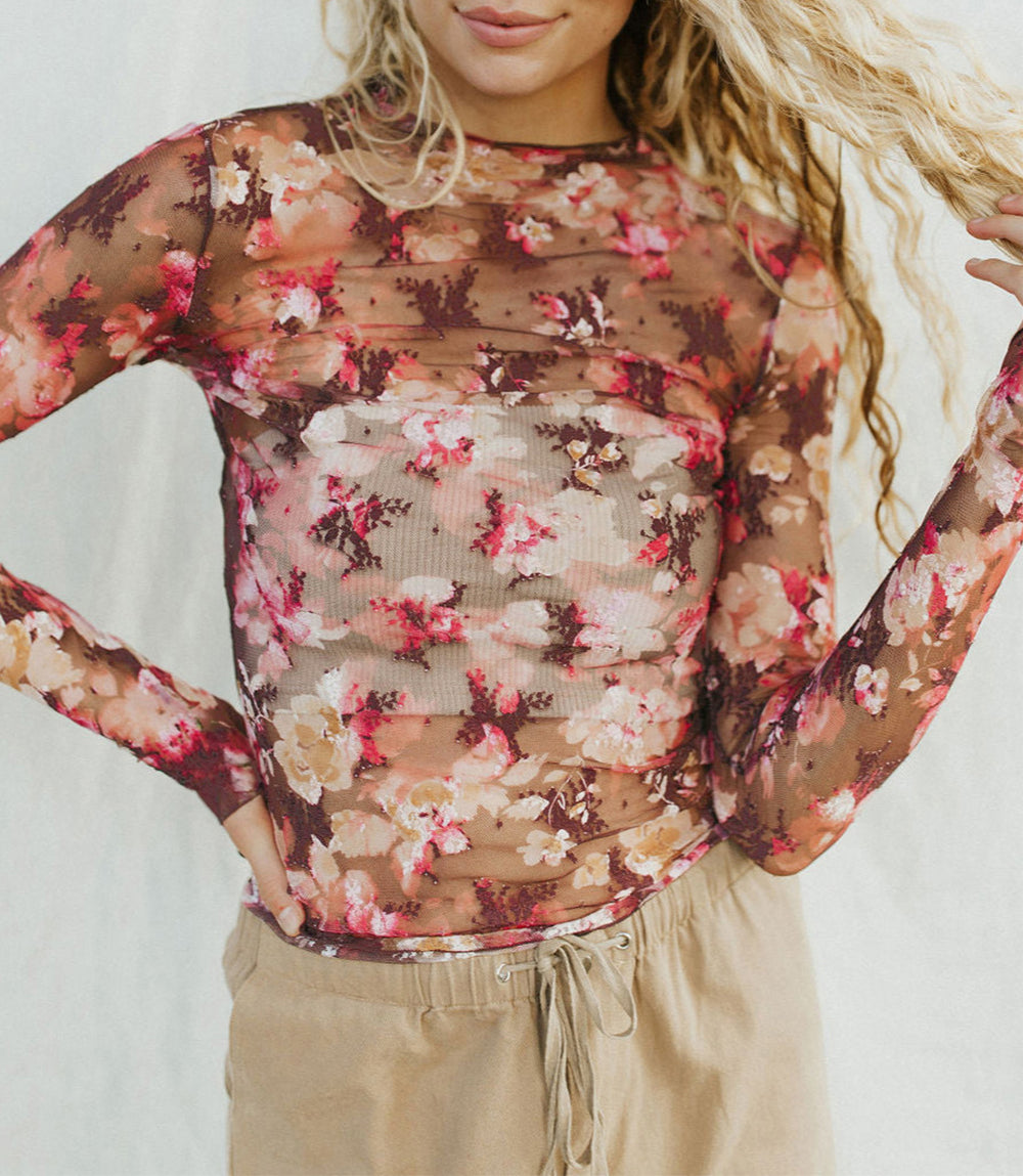 Floral Print Sheer Mesh Long Sleeve Top