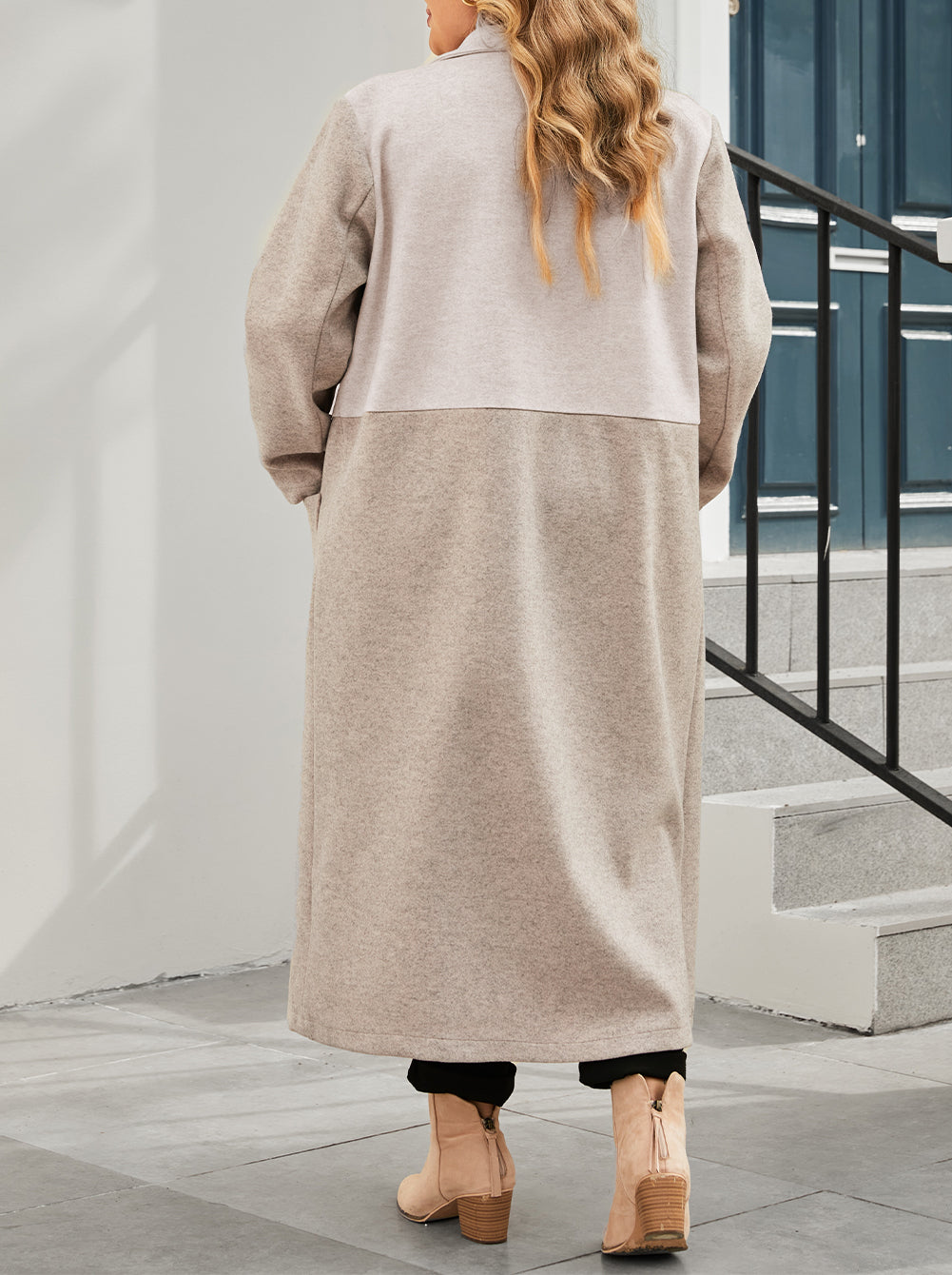 Plus Size Colorblock Lapel Collar Long Coat