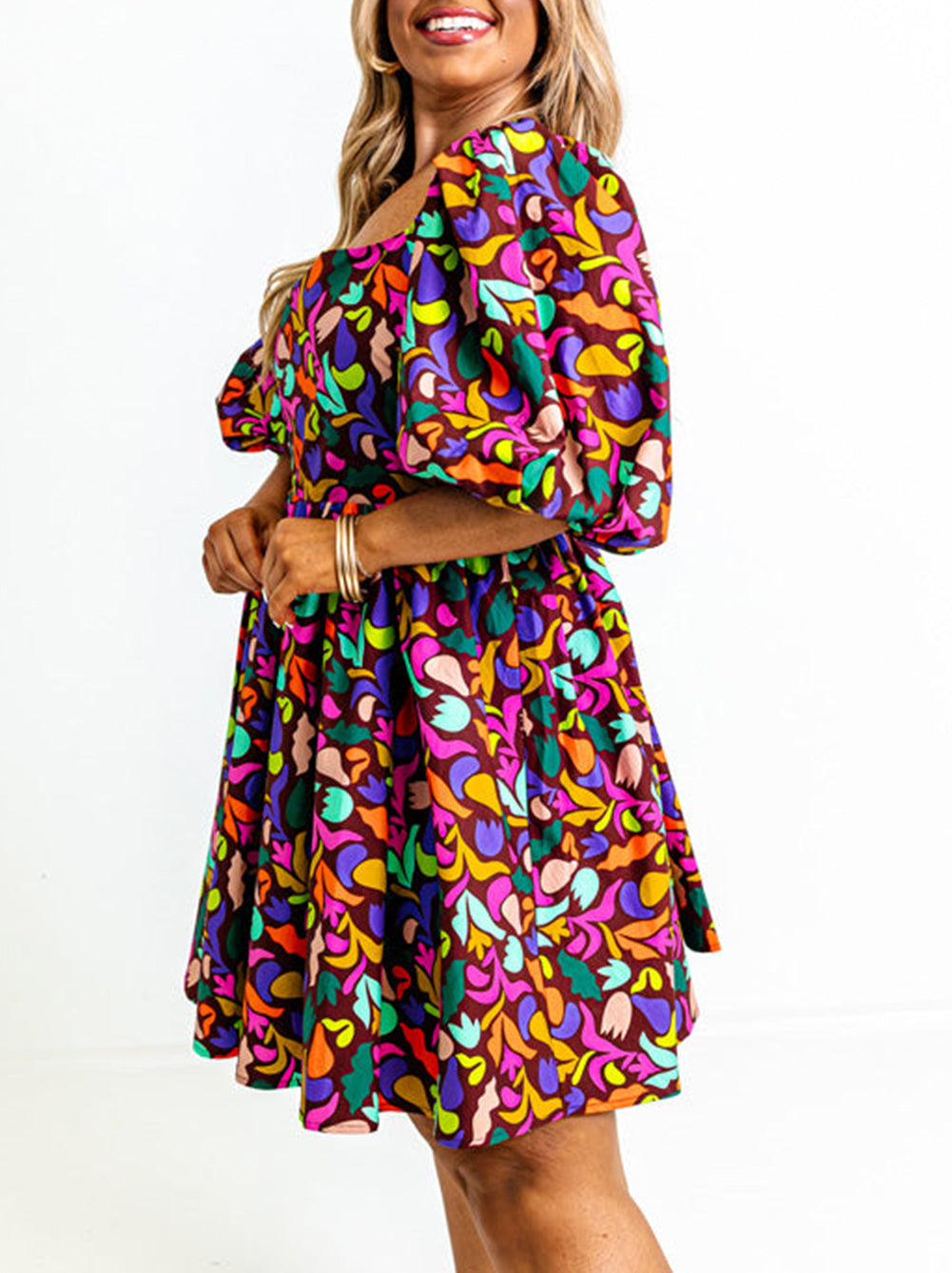 Plus Size Printed Puff Sleeve Short Flare Dress