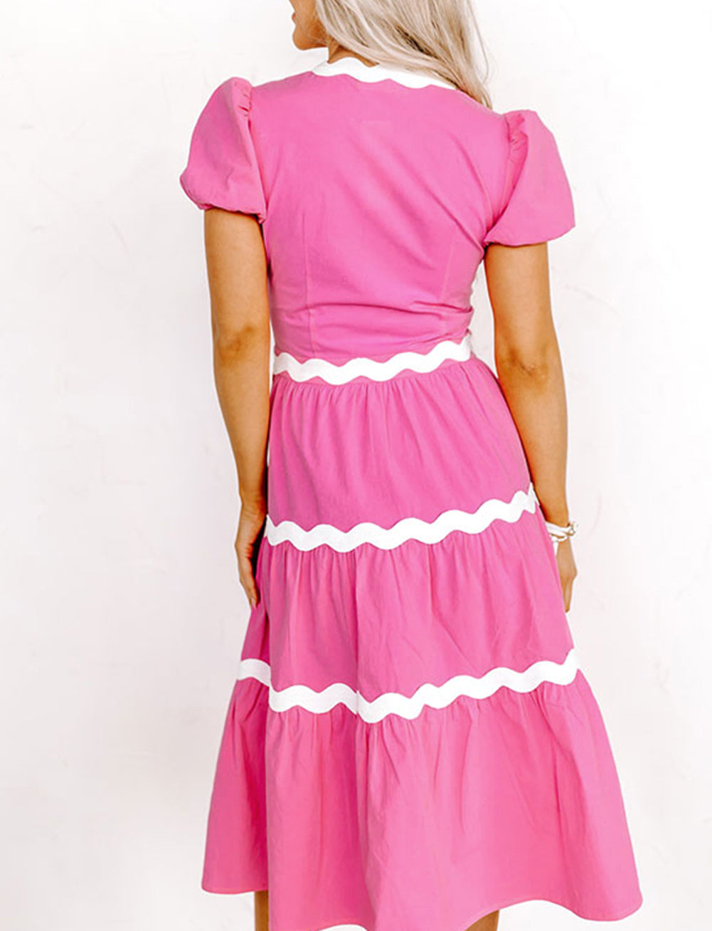 Ric Rac Trim Short Puff Sleeve Flowy Midi Dress