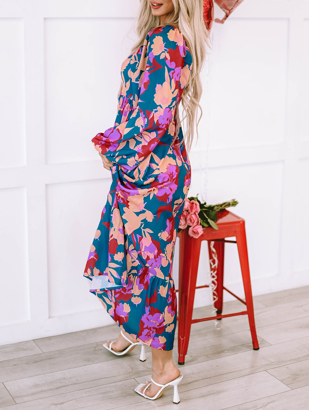 Floral Print Square Neck Ruffled High Waist Dress