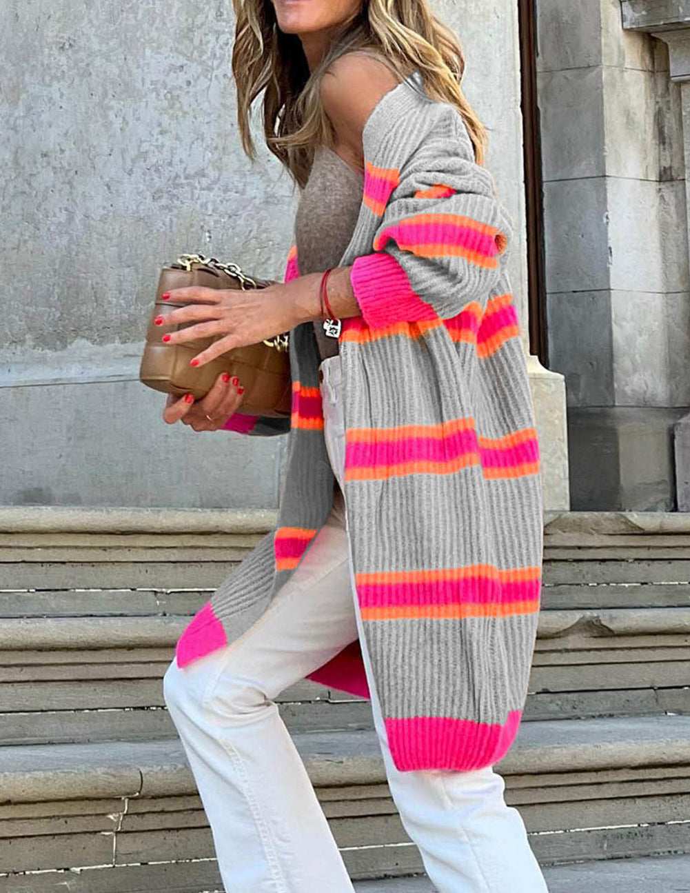 Printed Ribbed Long Knitted Cardigan