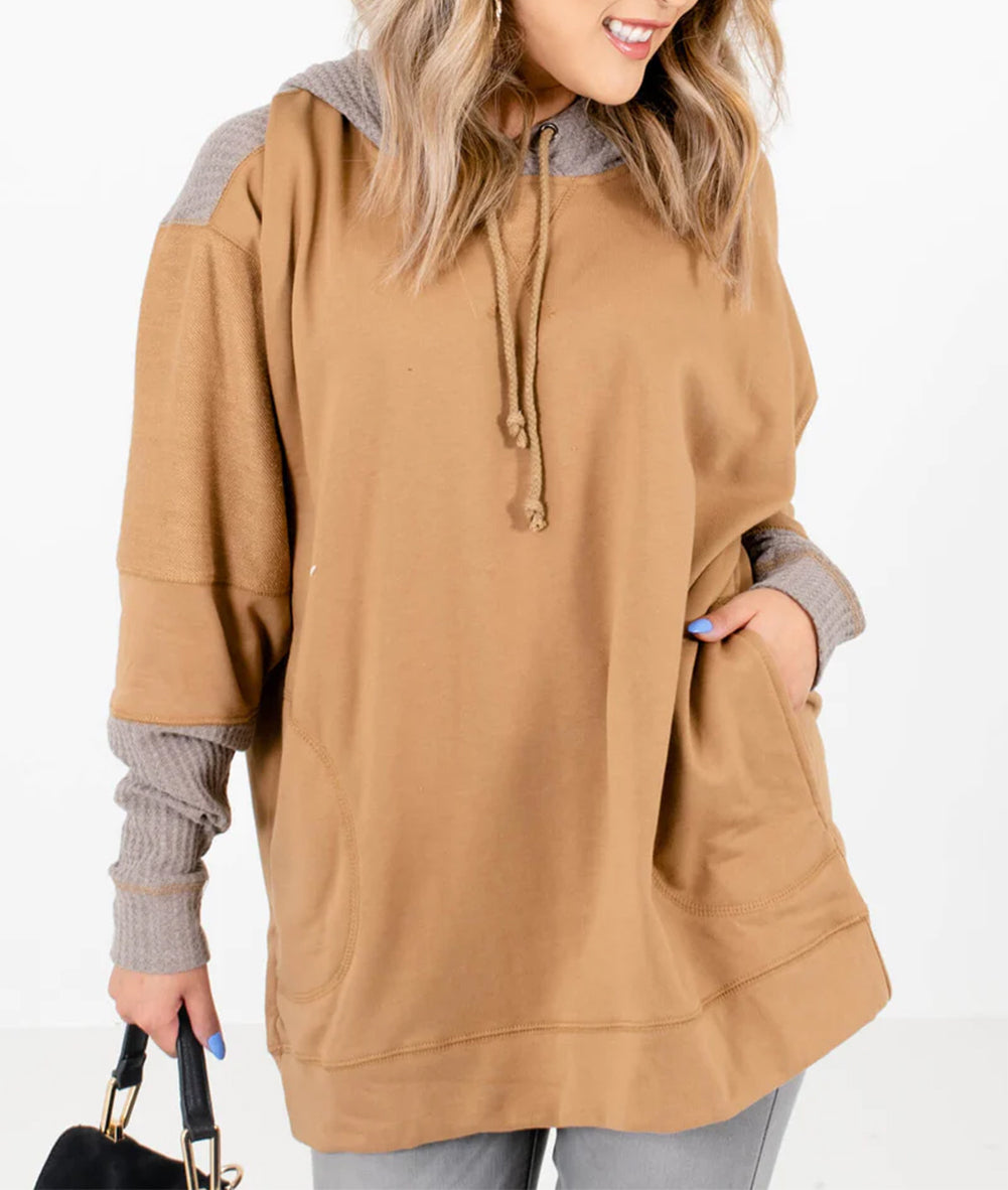 Contrast Hood Patchwork Pocketed Baggy Sweatshirt