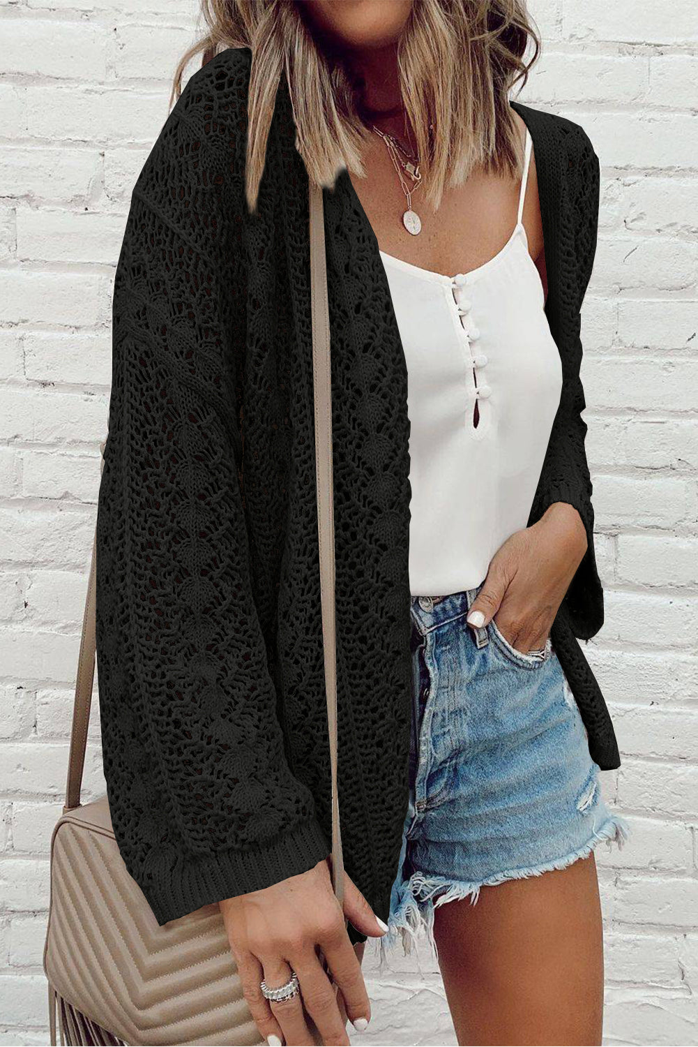 Hollow Out Knit Drop Shoulder Open Front Cardigan