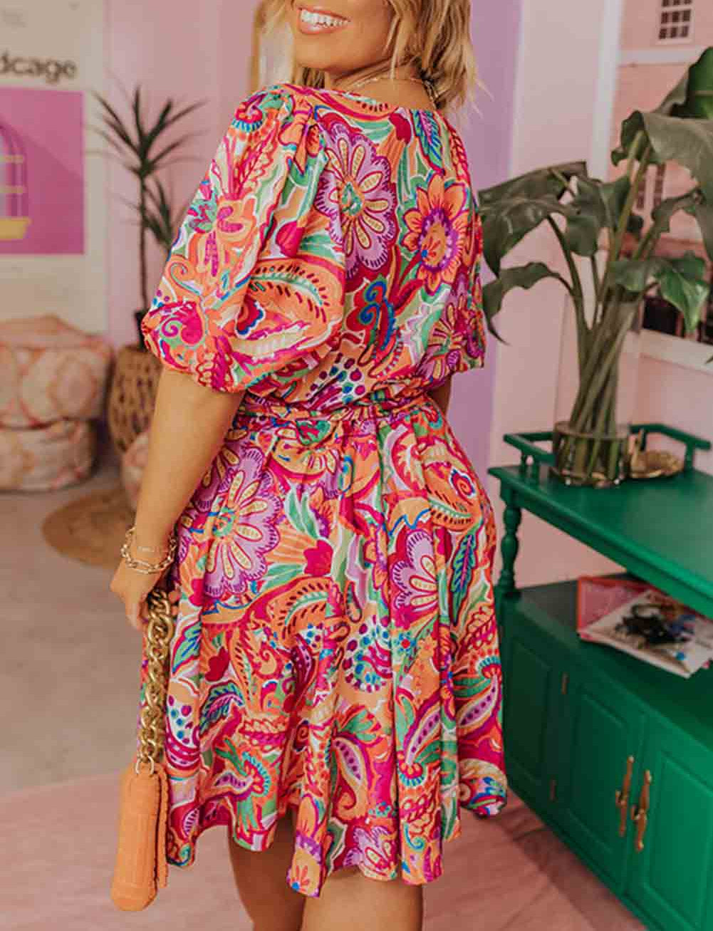 Boho Paisley Floral Print Wrap V Neck Puff Sleeve Plus Size Dress