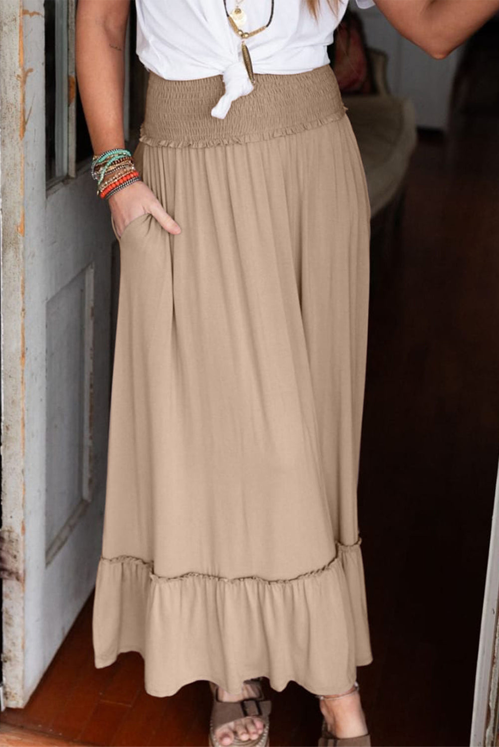 Smocked Waist Ruffled Maxi Skirt