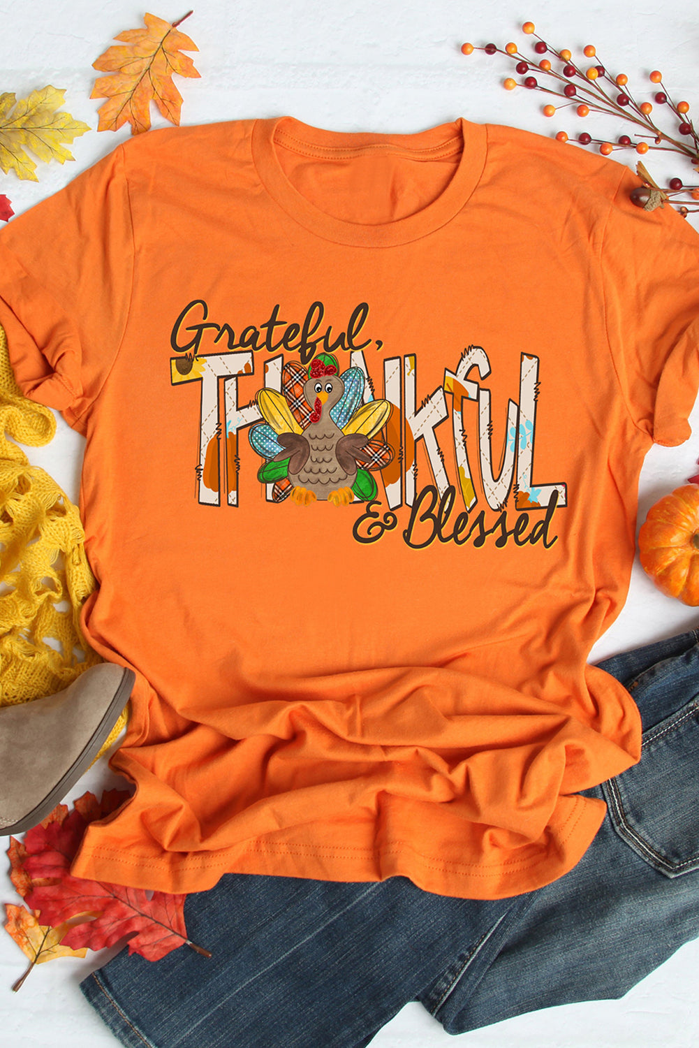 Grateful Thankful Blessed Turkey Graphic Thanksgiving T Shirt