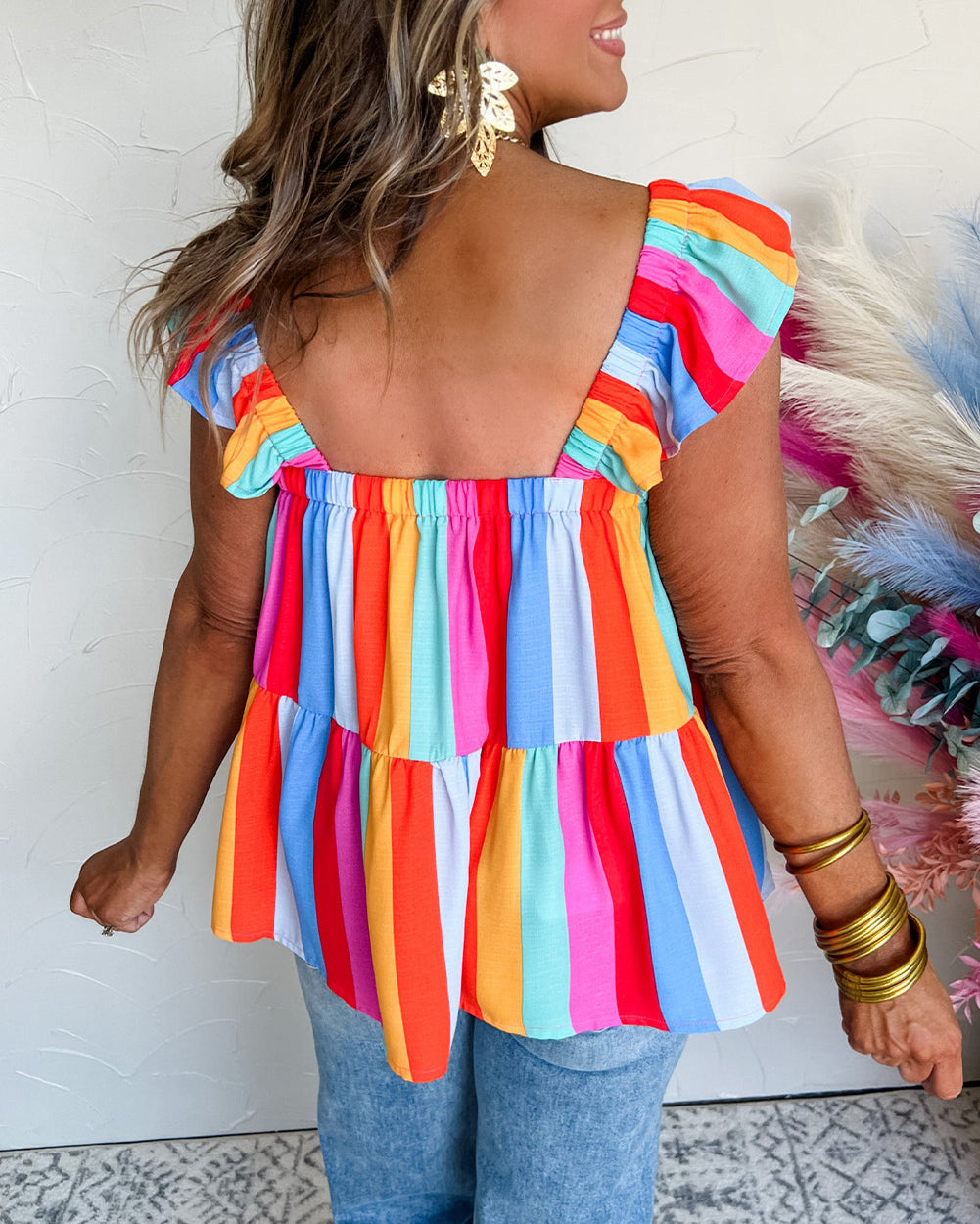 Stripe Ruffled Straps Babydoll Tank Top