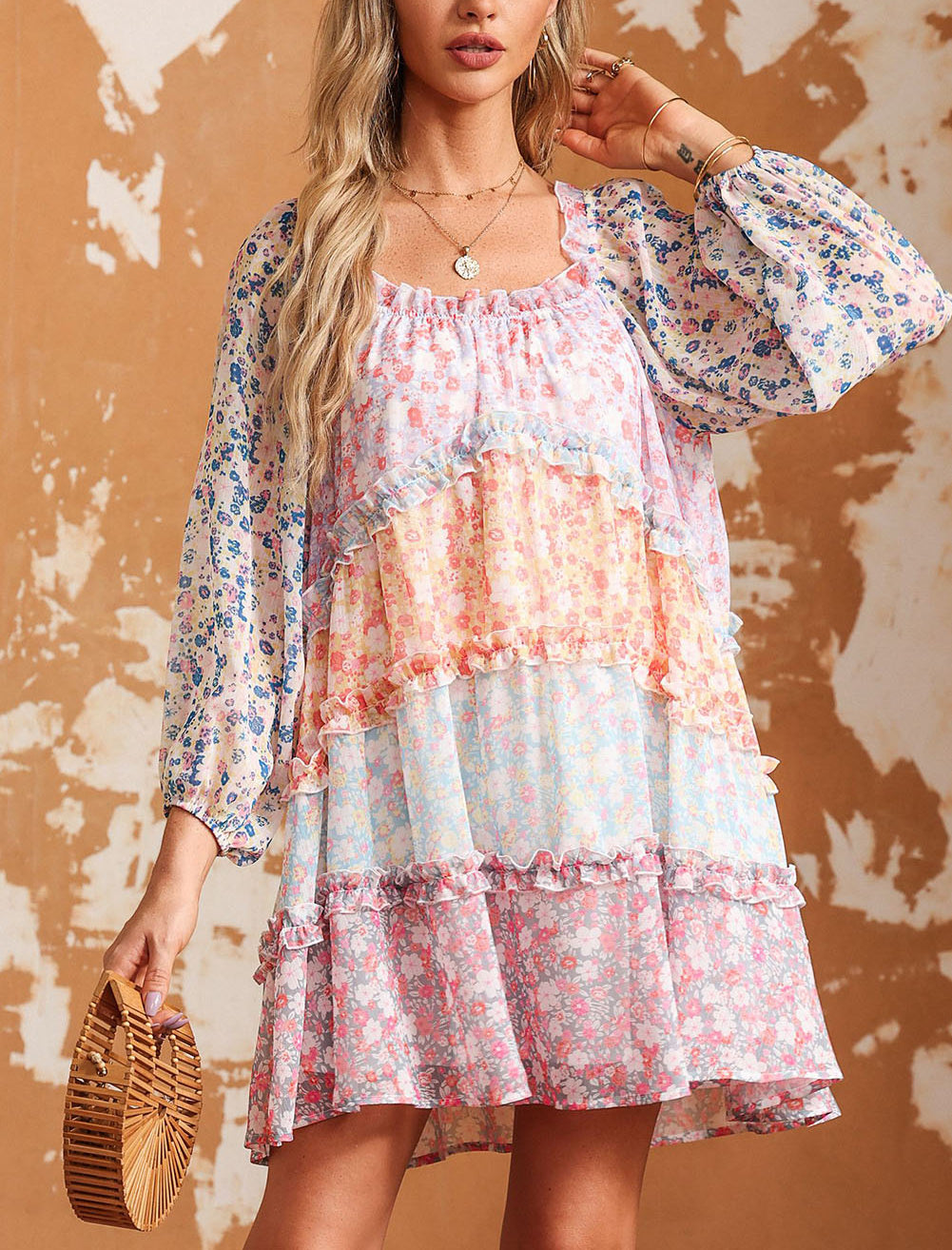 Floral Colorblock Tiered Puff Sleeve Dress
