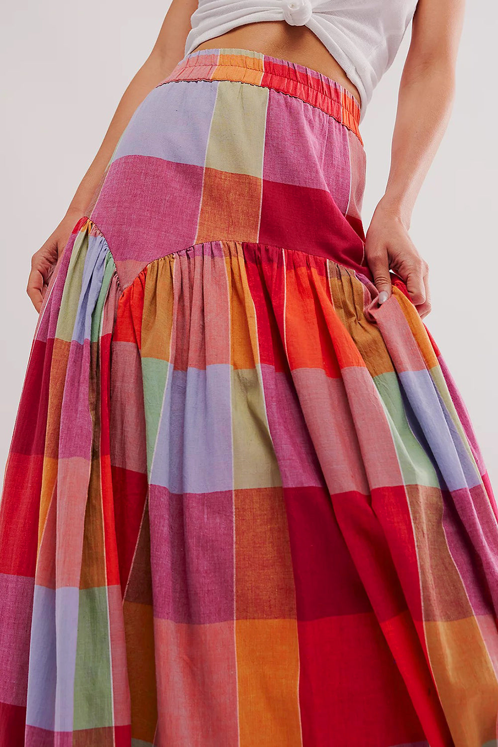 Plaid Print Ruched High Waist Casual Maxi Skirt