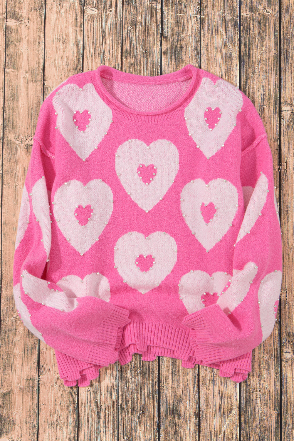 Pearl Beaded Heart Drop Shoulder Sweater