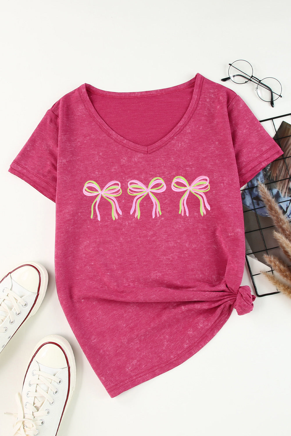 Bow Shape Mineral Wash V Neck T Shirt